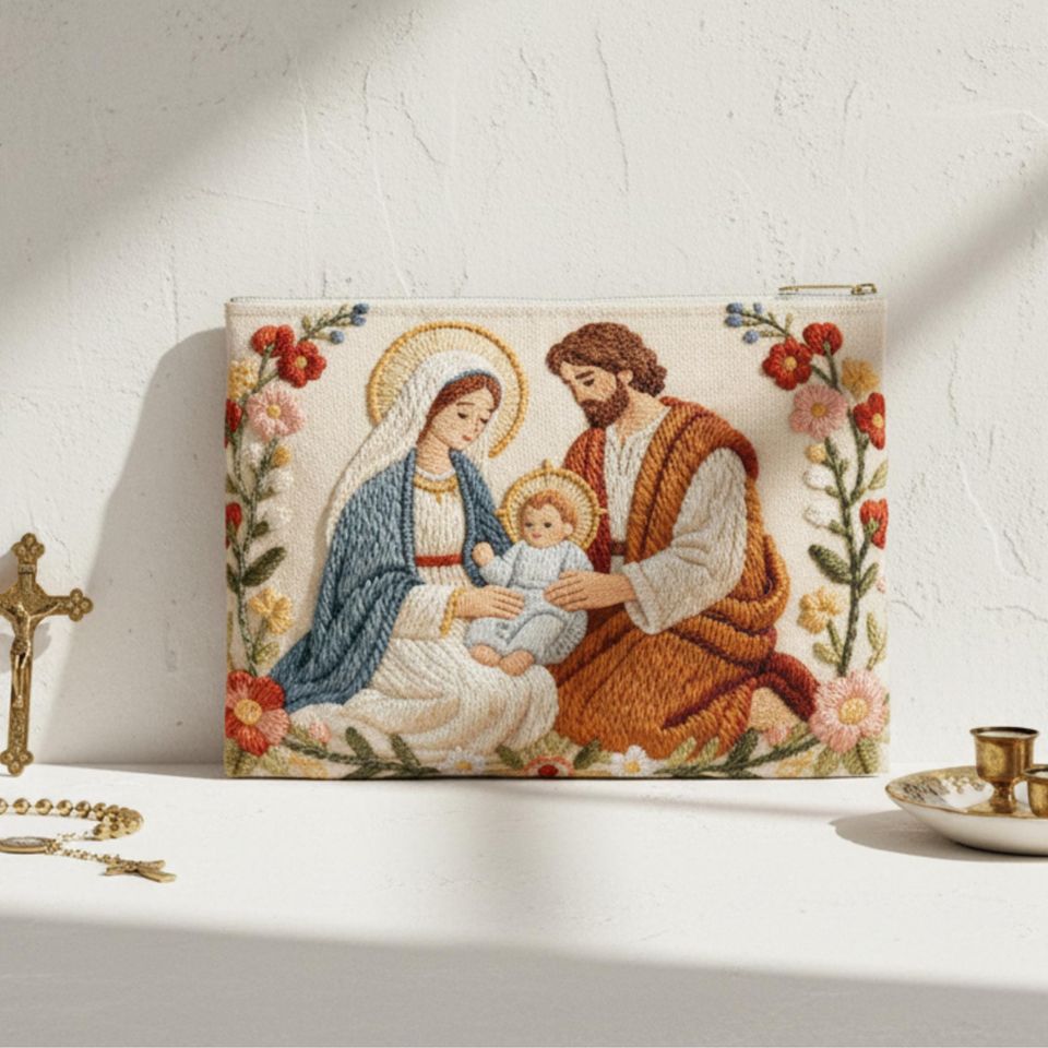 Rosary pouch Catholic Flat Zipper Pouch Mary Faux embroidery pouch Catholic gift for women Godmother gift for Goddaughter Catholic mom gift