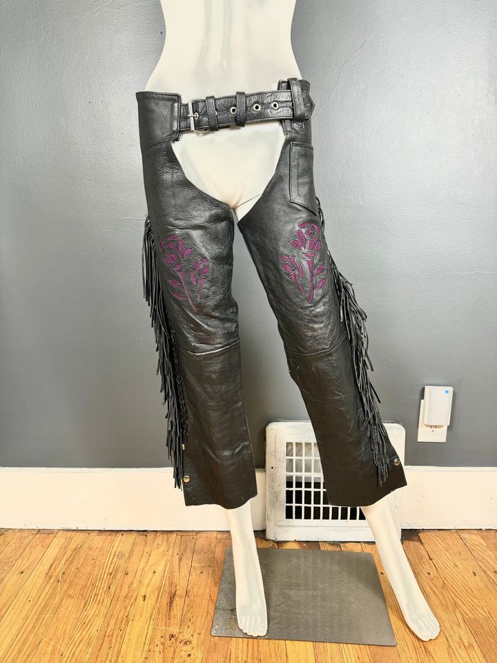 1980’s Women’s Fringed Chaps Purple Roses Sz XS