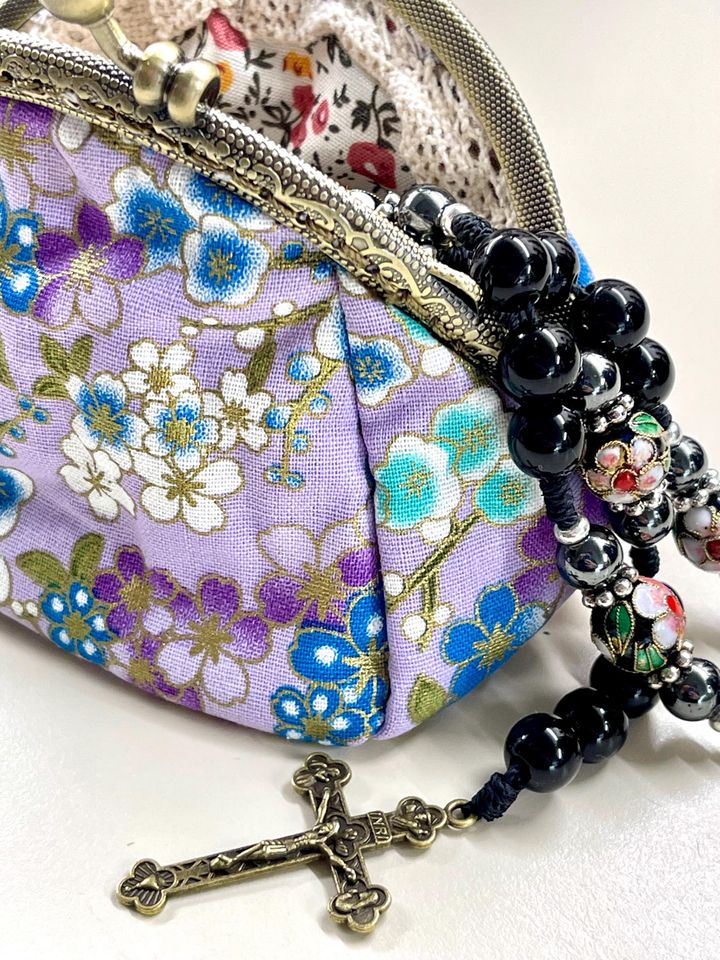 Floral Rosary Purse Purple Rosary bag Flower rosary bag Case with Flowers. Perfect for 1st Communion Reconciliation and PSR Gift.