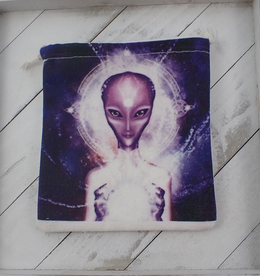 Awesome Alien Purple Black Fabric Pouch - Bag for Crystals - Black Purple White Print - Drawstring Alien Tarot Bag - 6x5.5 Inch #POUCH#1048