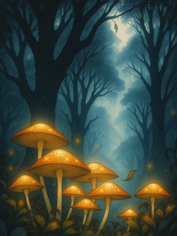 Enchanted Forest Glow – Mystical Mushrooms Under Moonlight by The Rogue Mark