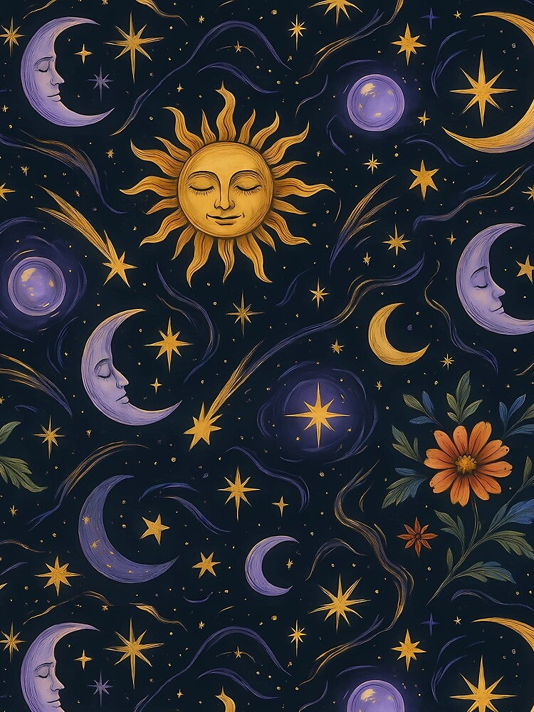 Celestial Sun and Moon Design With Stars and Cosmic Flowers by Dragonlit