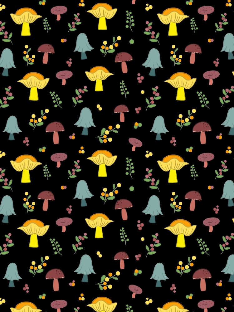 Colorful Mushroom Seamless Pattern on a Black Background by Cherie Brunetti