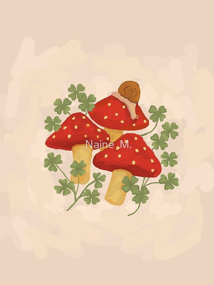 Whimsical Red Mushrooms with Snail and Lucky Clovers by Naine M.