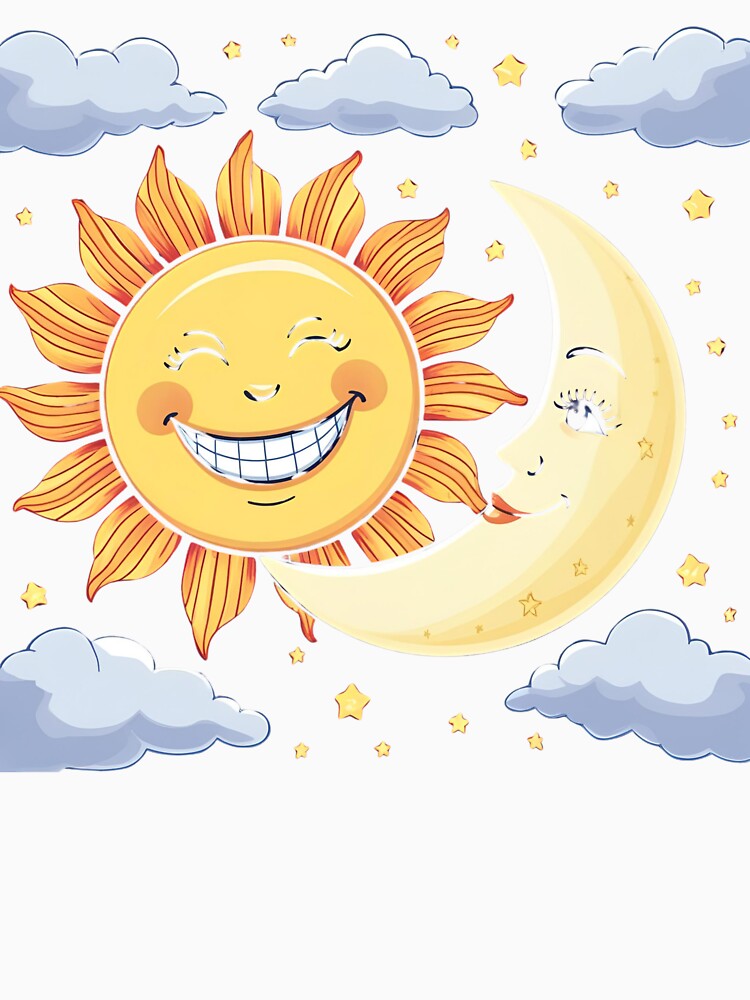 Smiling Sun and Moon in the cloudy sky by catcurio