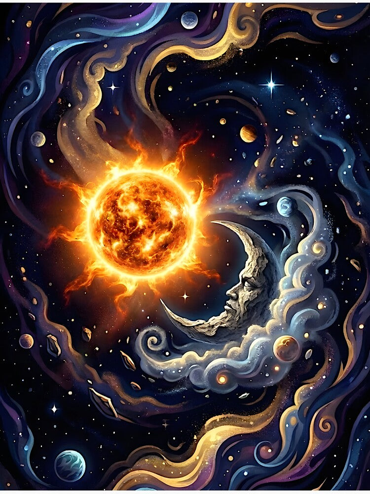 Cosmic Harmony - Vintage Sun and Crescent Moon Galaxy by hundred stories