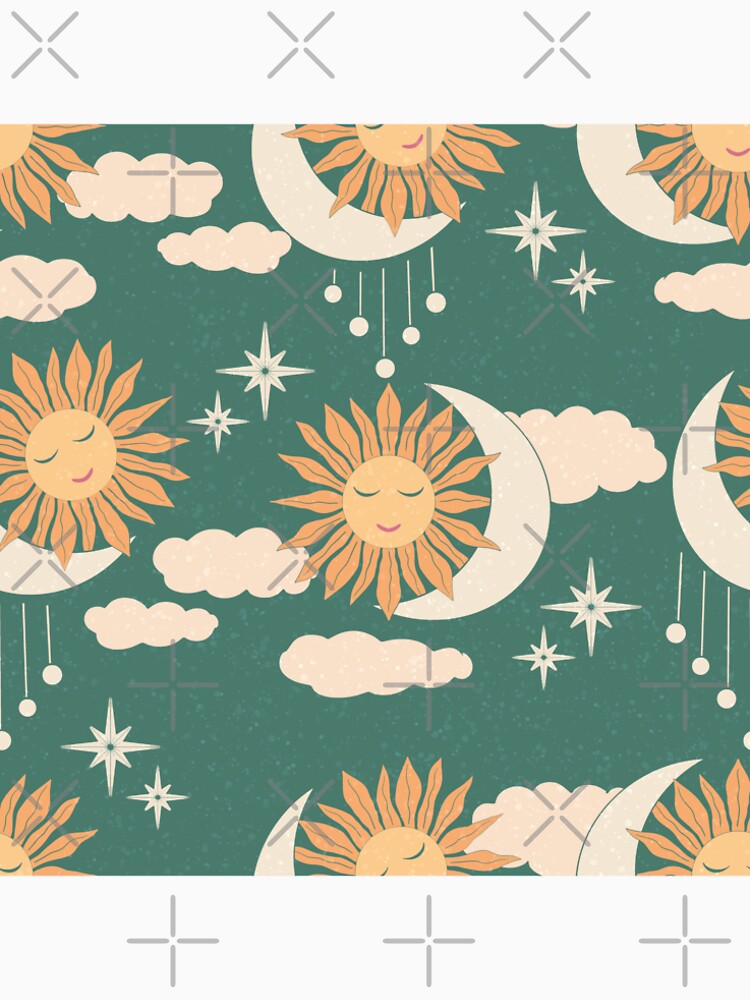 Teal Celestial Sun Moon Retro Boho Vintage Pattern Art by DColourMuse