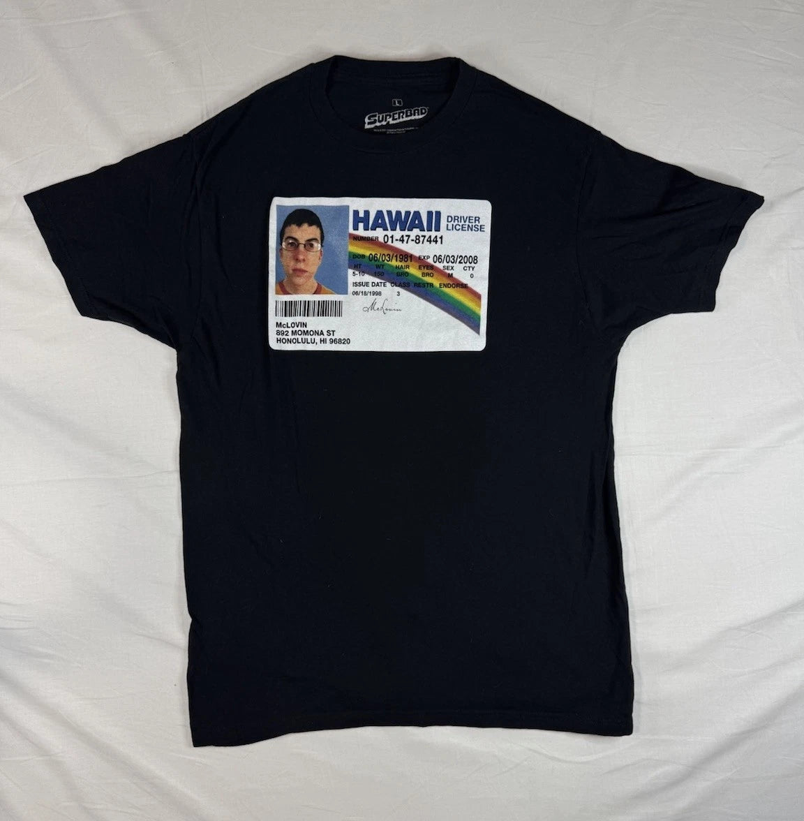 Superbad Shirt Men's Large Black McLovin Hawaii License Graphic Tee Short Sleeve