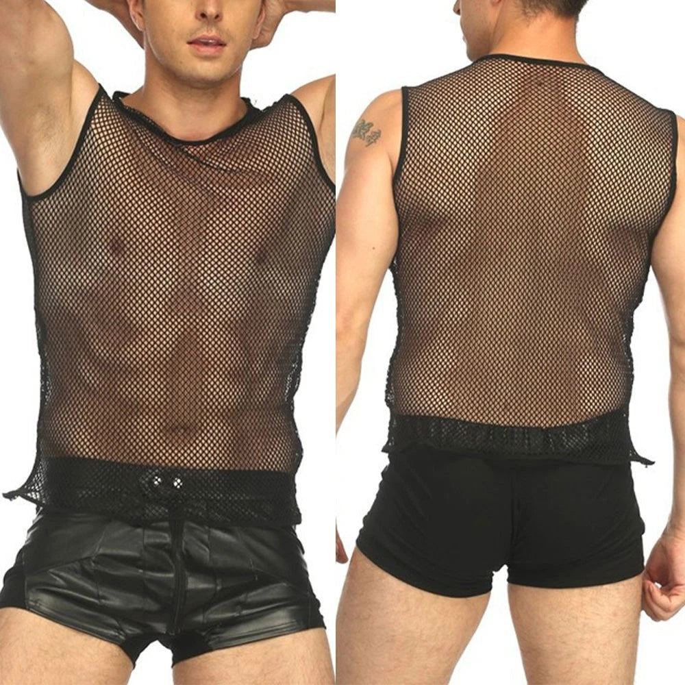 Trendy Men's Black Mesh Fishnet Sleeveless Vest See Through Sports Shirt