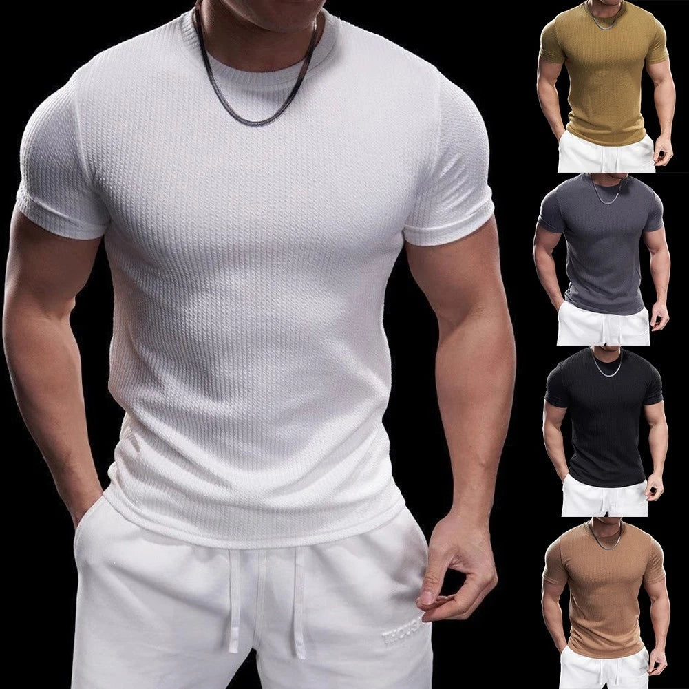 Men Fitness T-shirt For Daily Exercise Elastic Fabric Regular Clothing Length