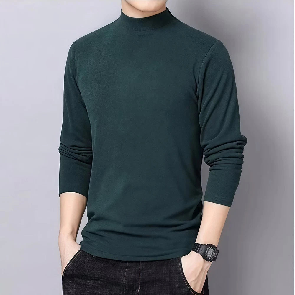 Mens Long Sleeve Velvet Top Solid Color Warm High Neck Shirt for Daily Wear
