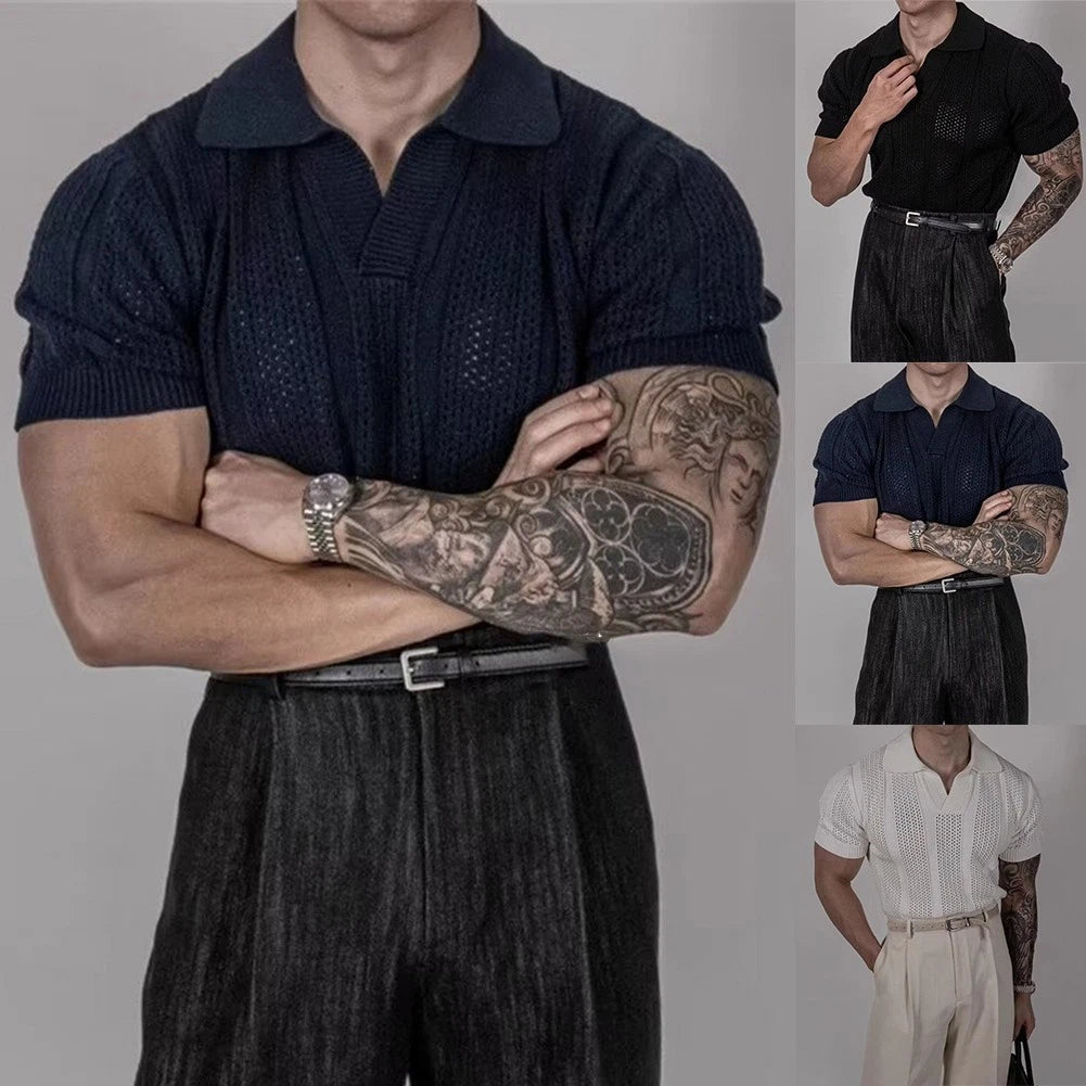 Hollow Lapel Men Knit Shirt Korean Style Textured Top for Daily Comfort Wear
