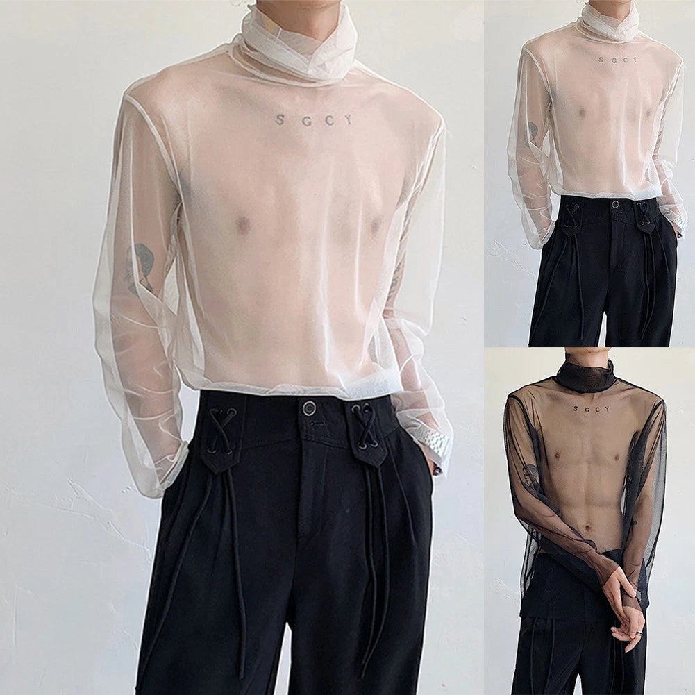 Fashionable Men's Seethrough Mesh Turtleneck Tops Long Sleeve Nightclub Shirt