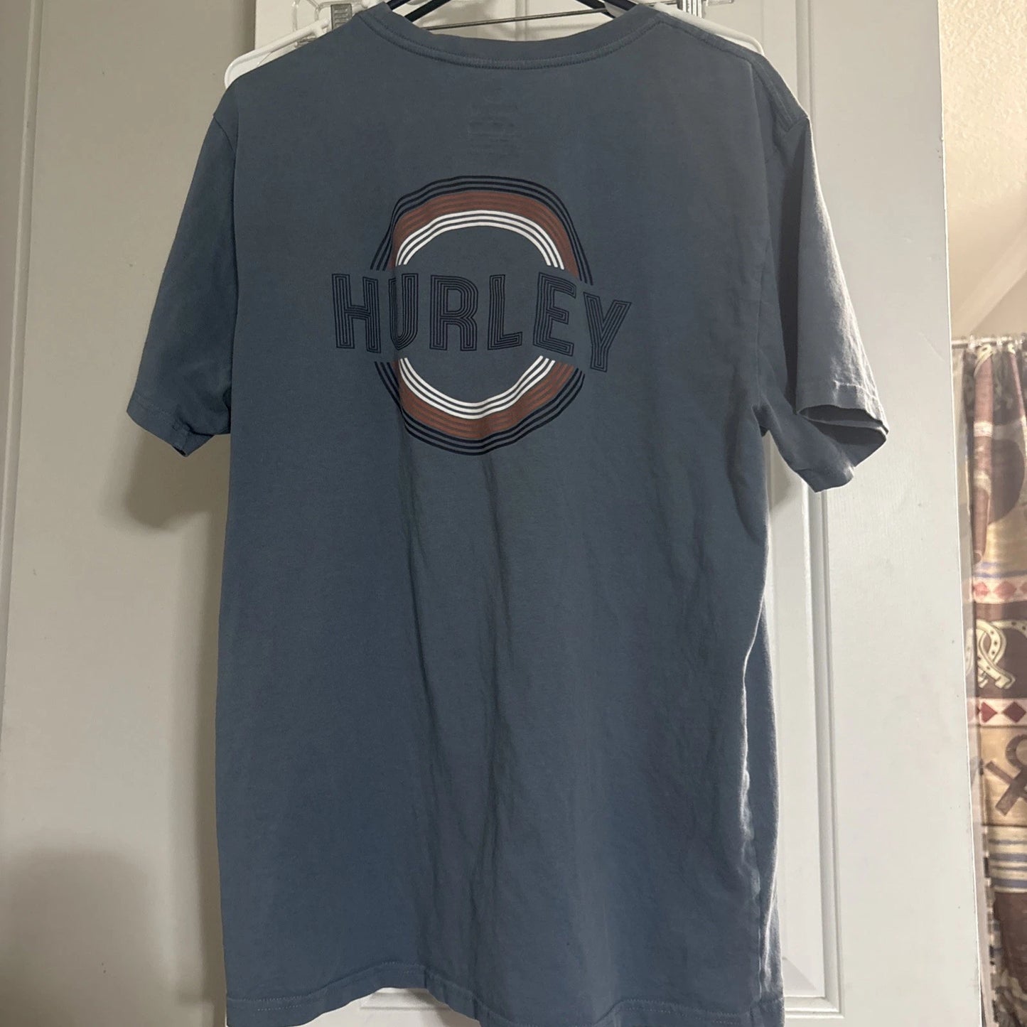 Hurley Graphic T- Shirt, Blue, Orange White Short Sleeve Logo Large