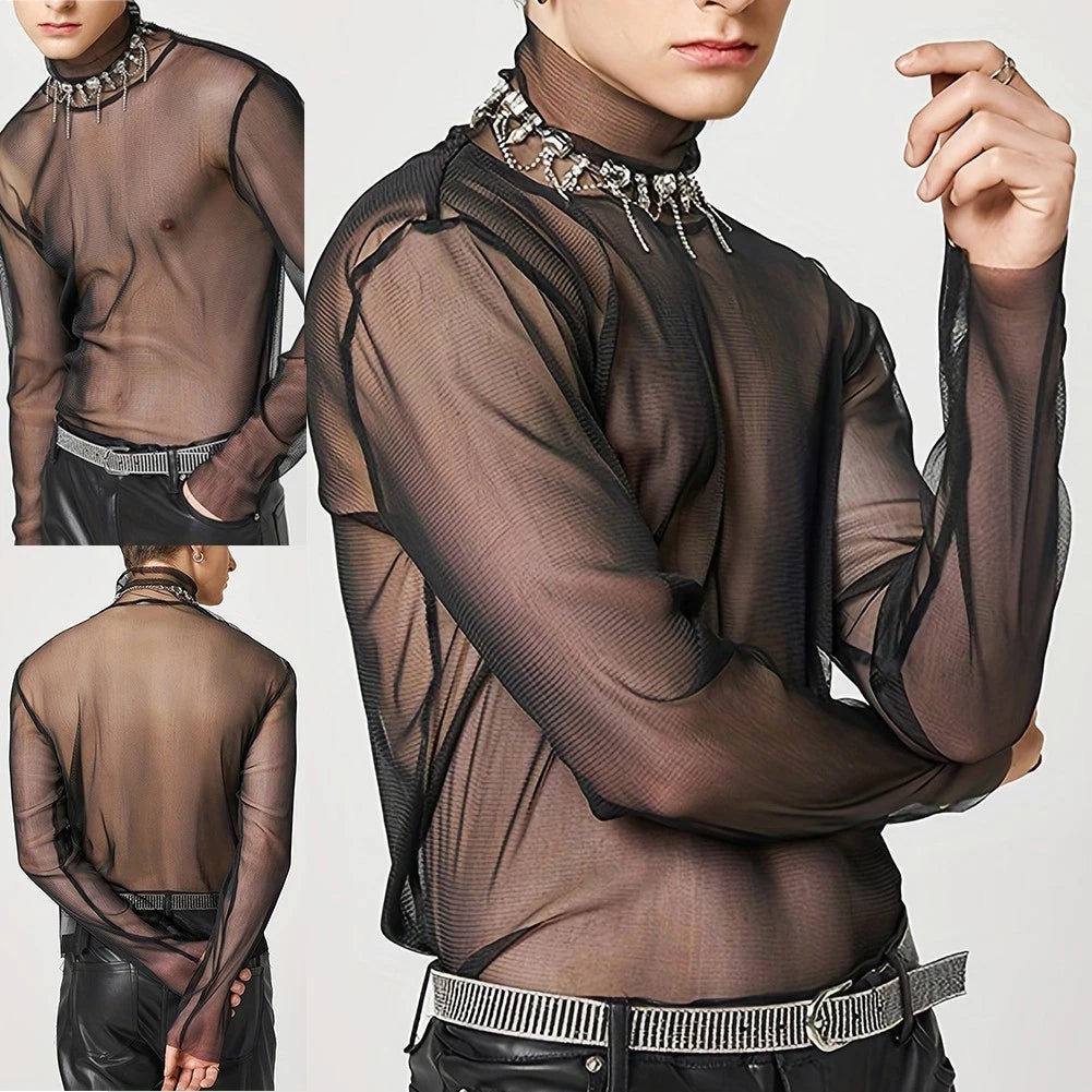 Stylish Streetwear Mesh Transparent Men's Long Sleeve Turtleneck Shirt