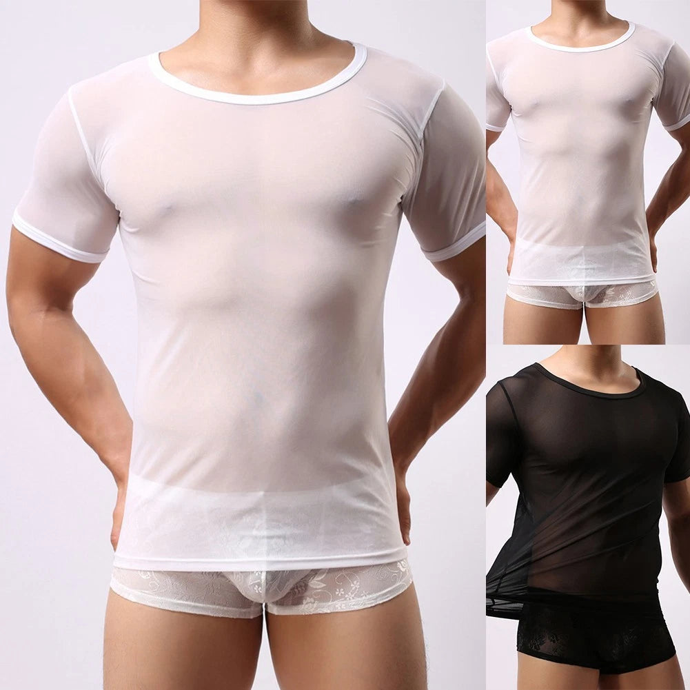 Stylish See Through Mesh T Shirt Fishnet Muscle Top For Men's Clubwear