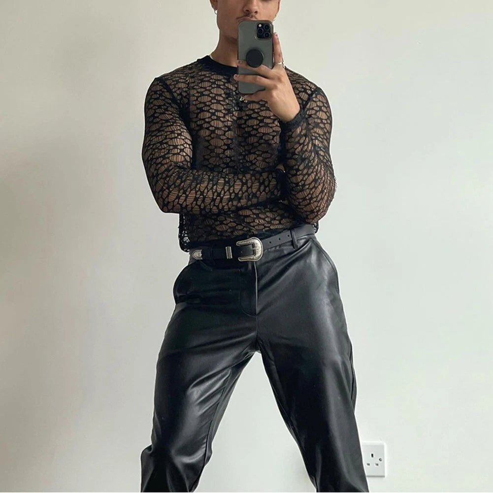 For Layering Men Mesh Tee For Daily Wear High Street Style Mesh Fabric