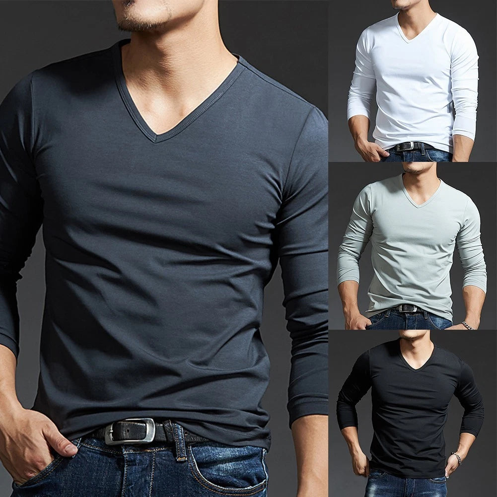 Fashionable Men's Long Sleeves Muscle Tee V Neck Slim Blouse for a Trendy Look
