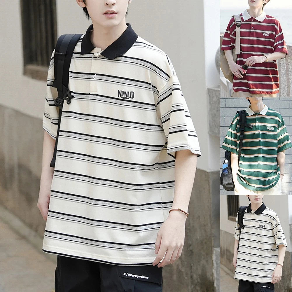 Summer Ready Stylish Mens Loose Fit Short Sleeve Lapel T Shirts with Stripes