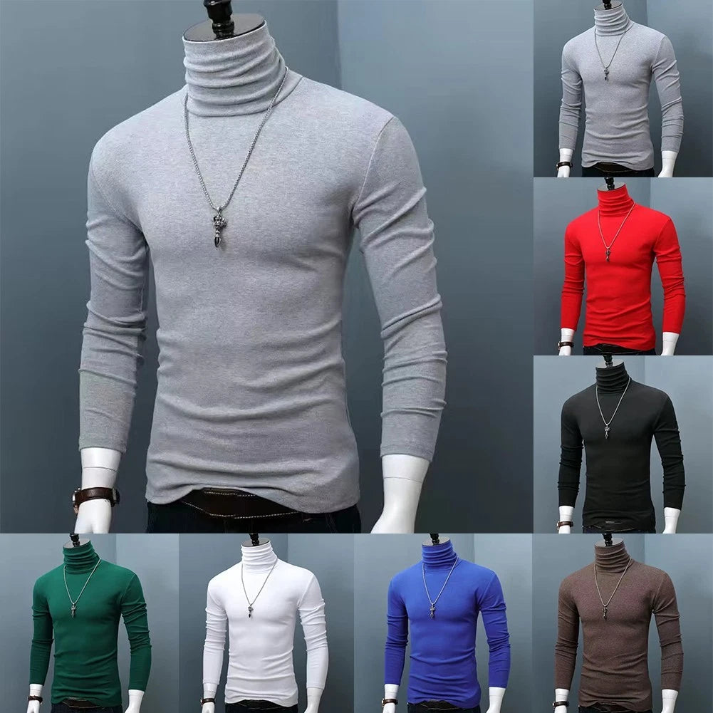 Men's High Collar Slim Fit Winter Top with Long Sleeves for Daily Wear