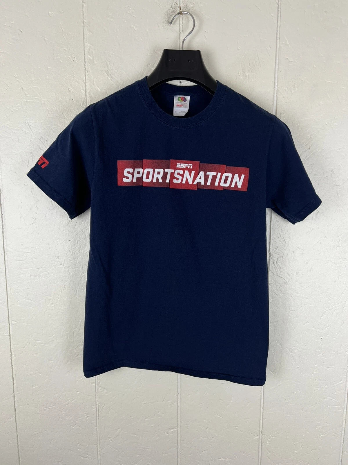 ESPN Shirt Men's Small Blue Graphic Crew Neck Short Sleeve Stretch Sports Nation