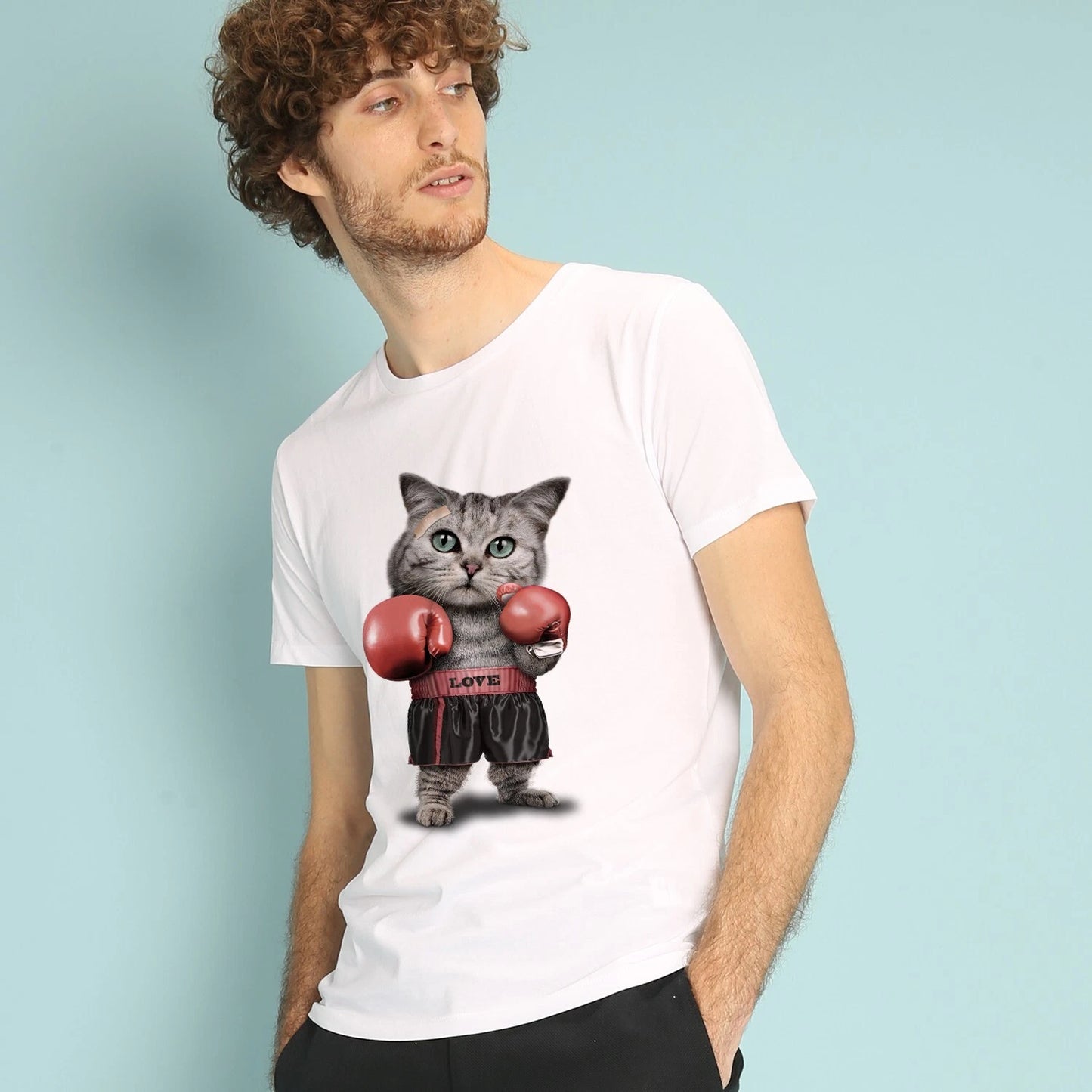 T-Shirt Men's Short Sleeve Color White, BOXING CAT