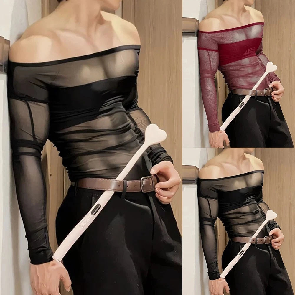 Men's Off-Shoulder Sheer T-Shirt with Mesh Splicing Design for Daily Wear