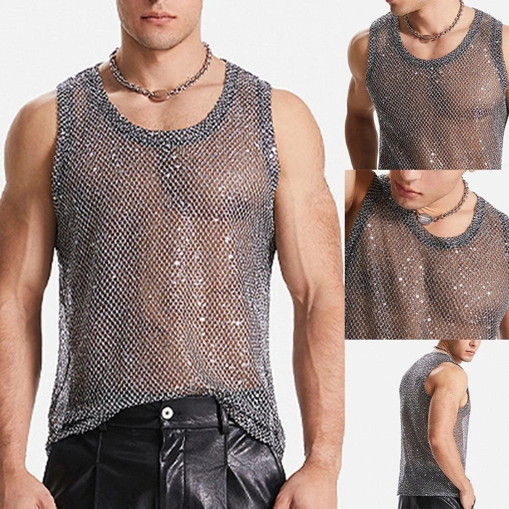 Stylish Grey Fishnet Party Top for Men Sheer Mesh Muscle Tank Sparkly Vest