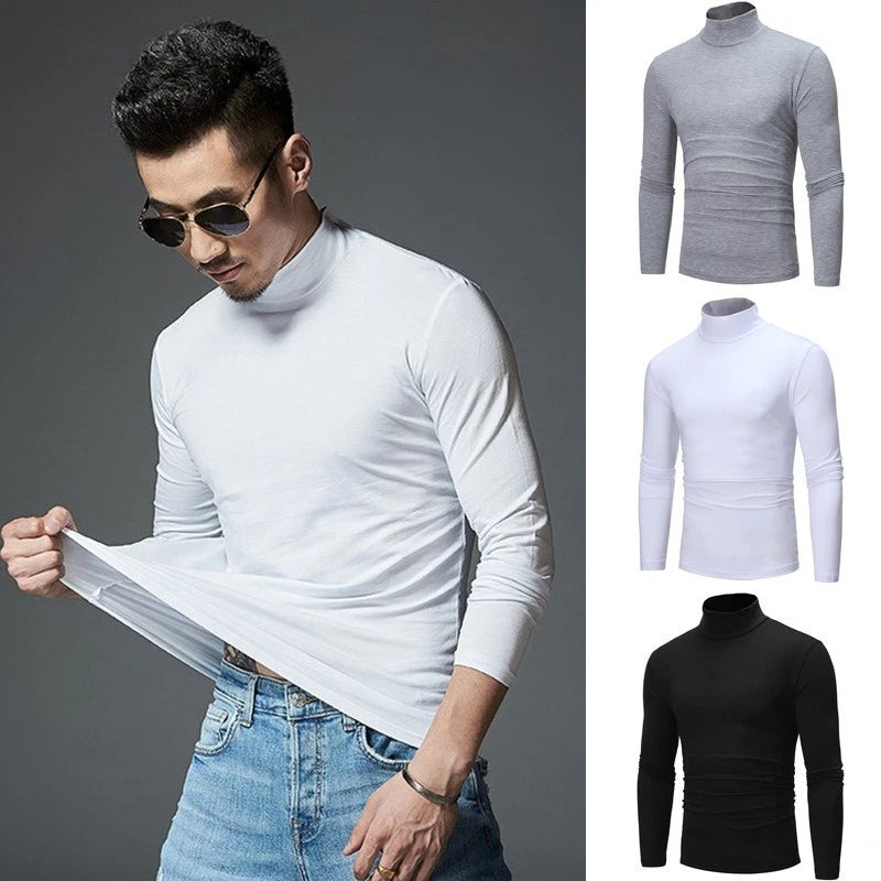 Fashionable Solid Color Men's Turtleneck Pullover Top for Modern Style