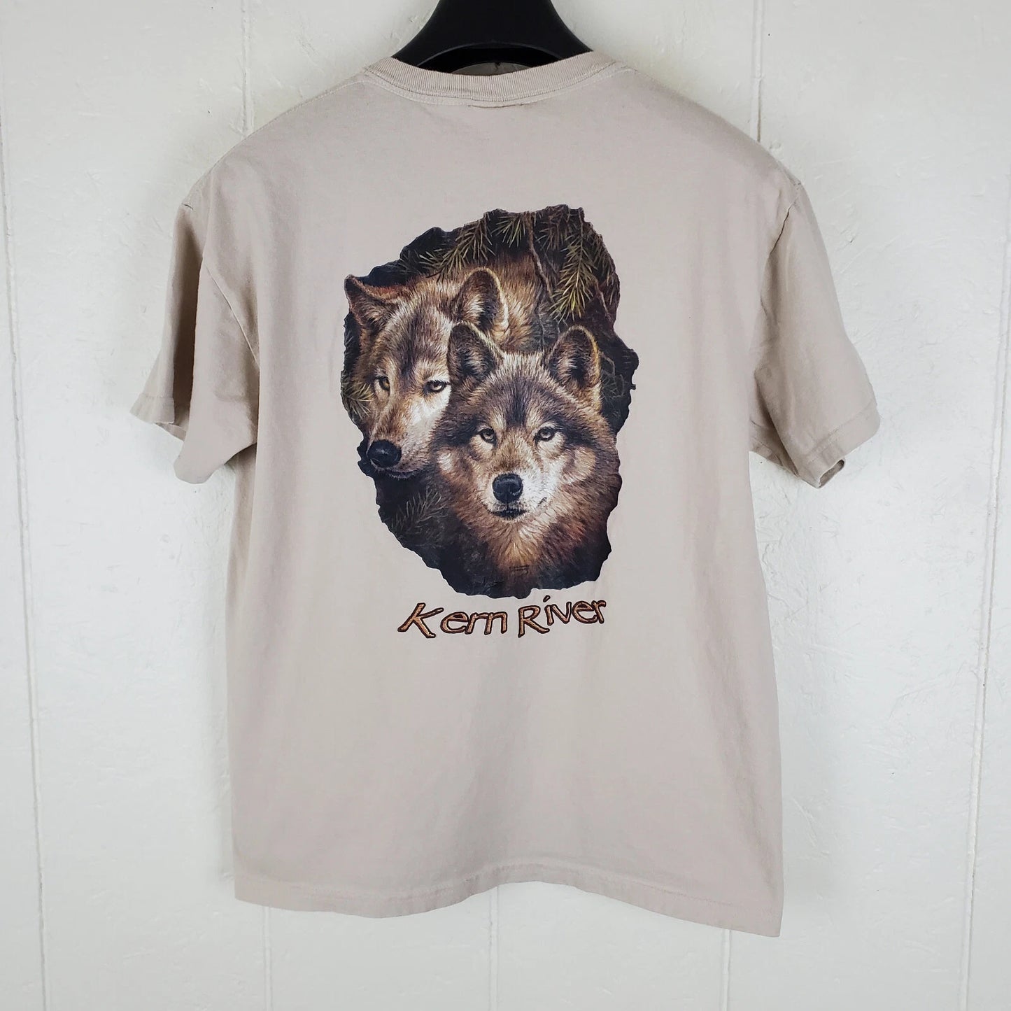 Kern River Shirt Men Medium Beige Graphic Crew Neck Short Sleeve Stretch Outdoor