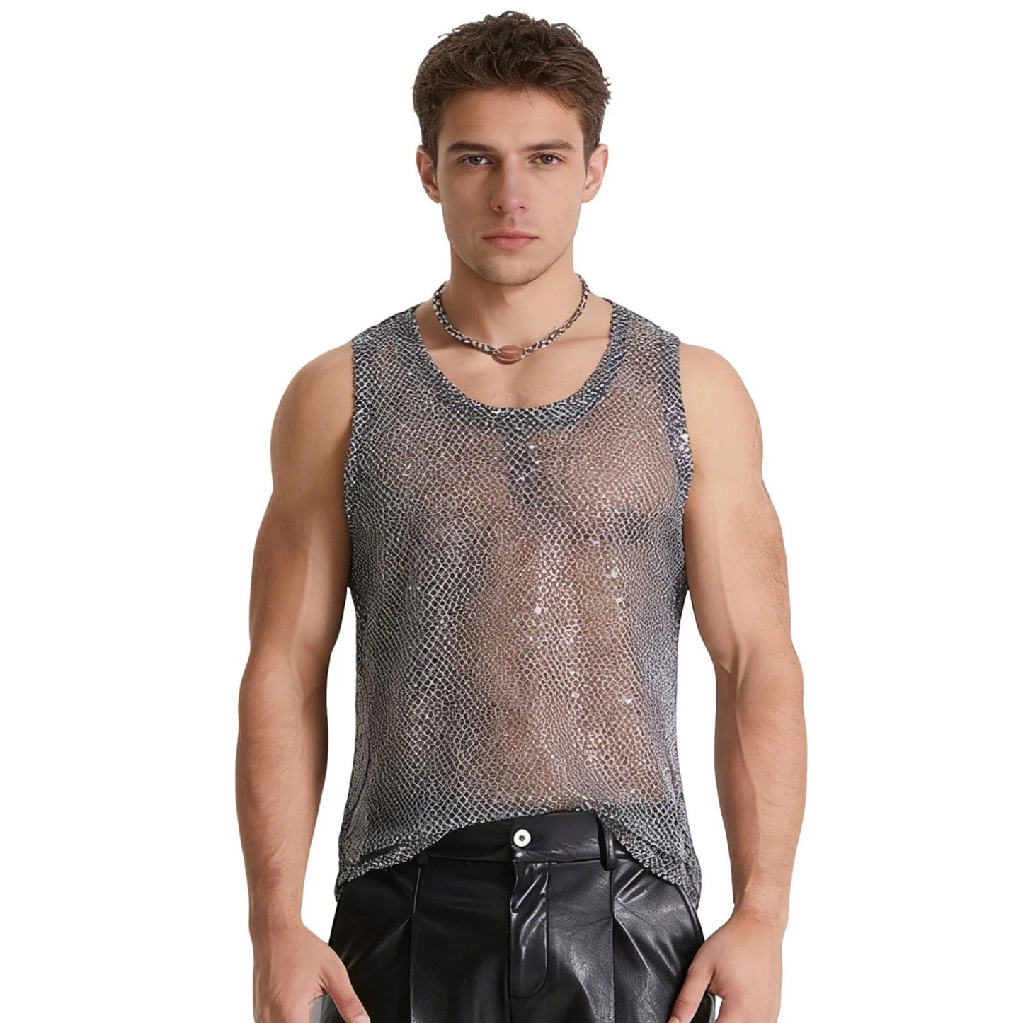 Men Top Fashionable Tank Lightweight Vest Rave Sleeveless Loose Fit Fishnet