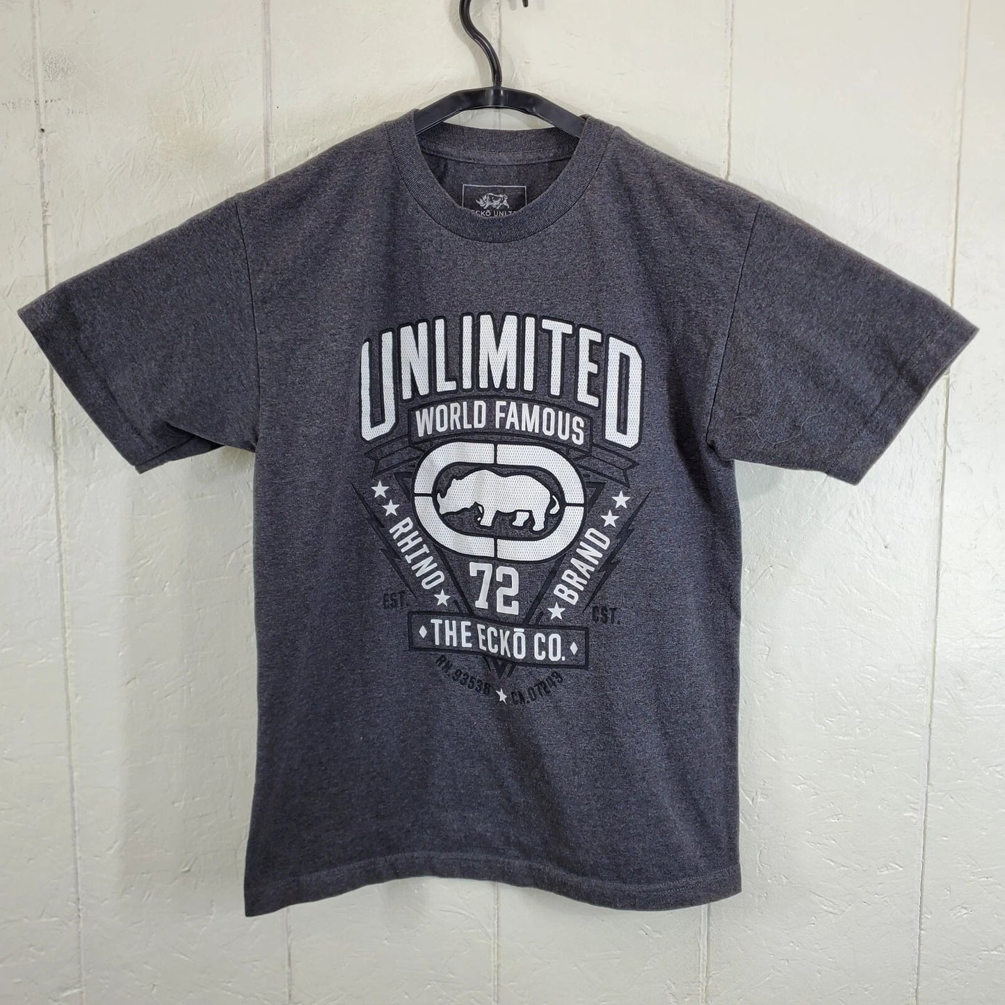 Ecko Unltd Shirt Mens Medium Gray Crew Neck Short Sleeve Graphic Stretch Casual