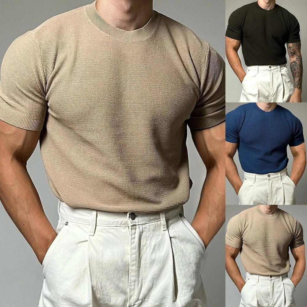 Knitted Men's Short Sleeve T Shirt Half High Neck for Sport and Daily Wear