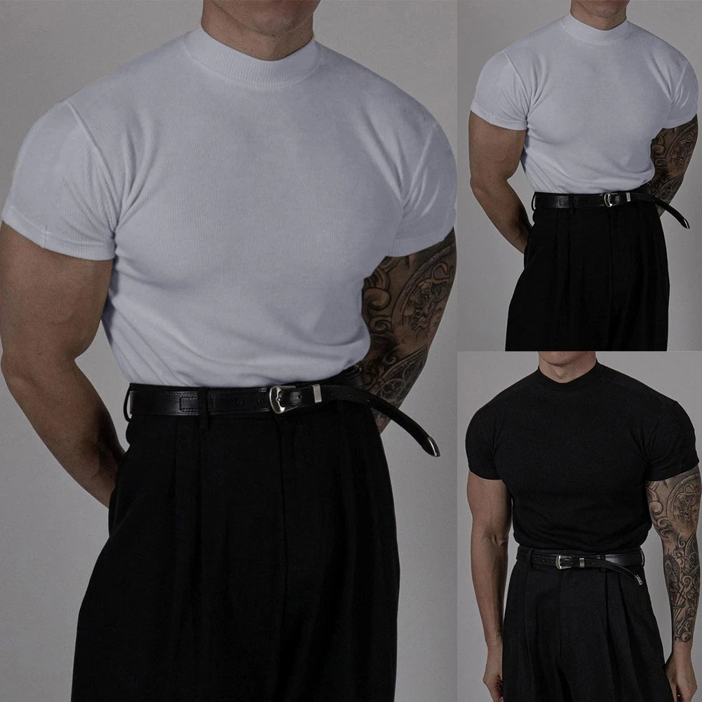Men's Elastic Short Sleeve T Shirt with Stylish High Collar and Stripes