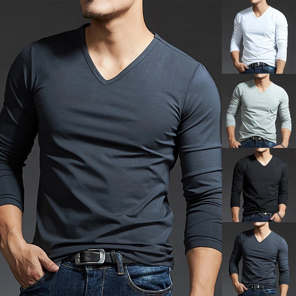 Active Men's V Neck Slim Blouse Long Sleeves Muscle Tee for a Stylish Look