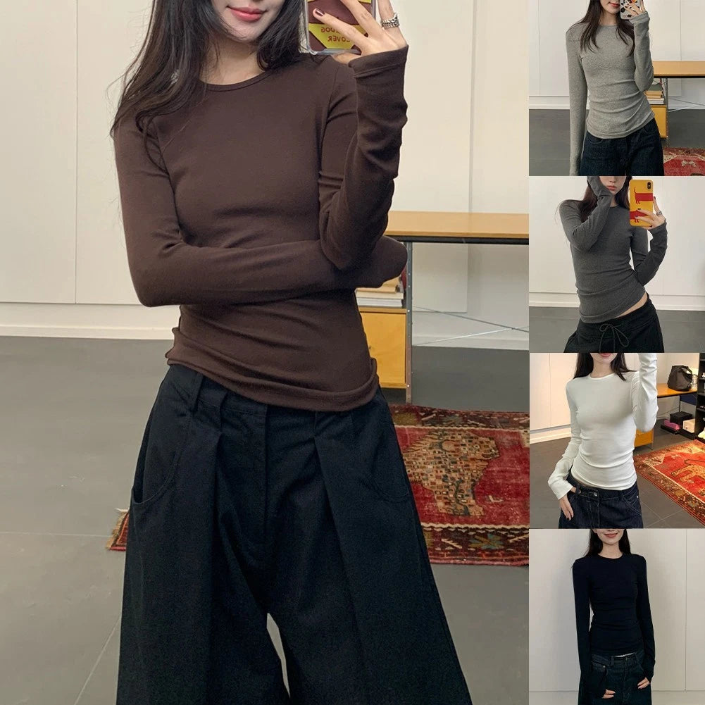 Slender Fit Women Long Sleeve T-Shirt with Crew Neck Comfortable Daily Wear