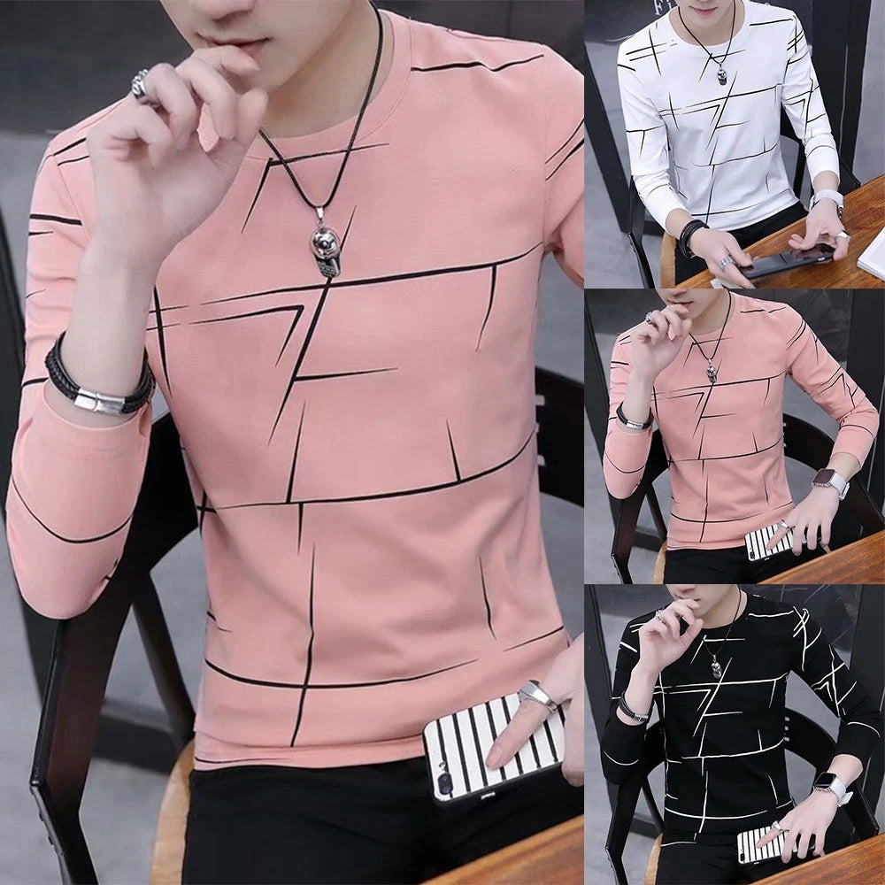 Trendy and Stylish Mens Crew Neck Print Tshirt Blouse Pullover Long Sleeve Top