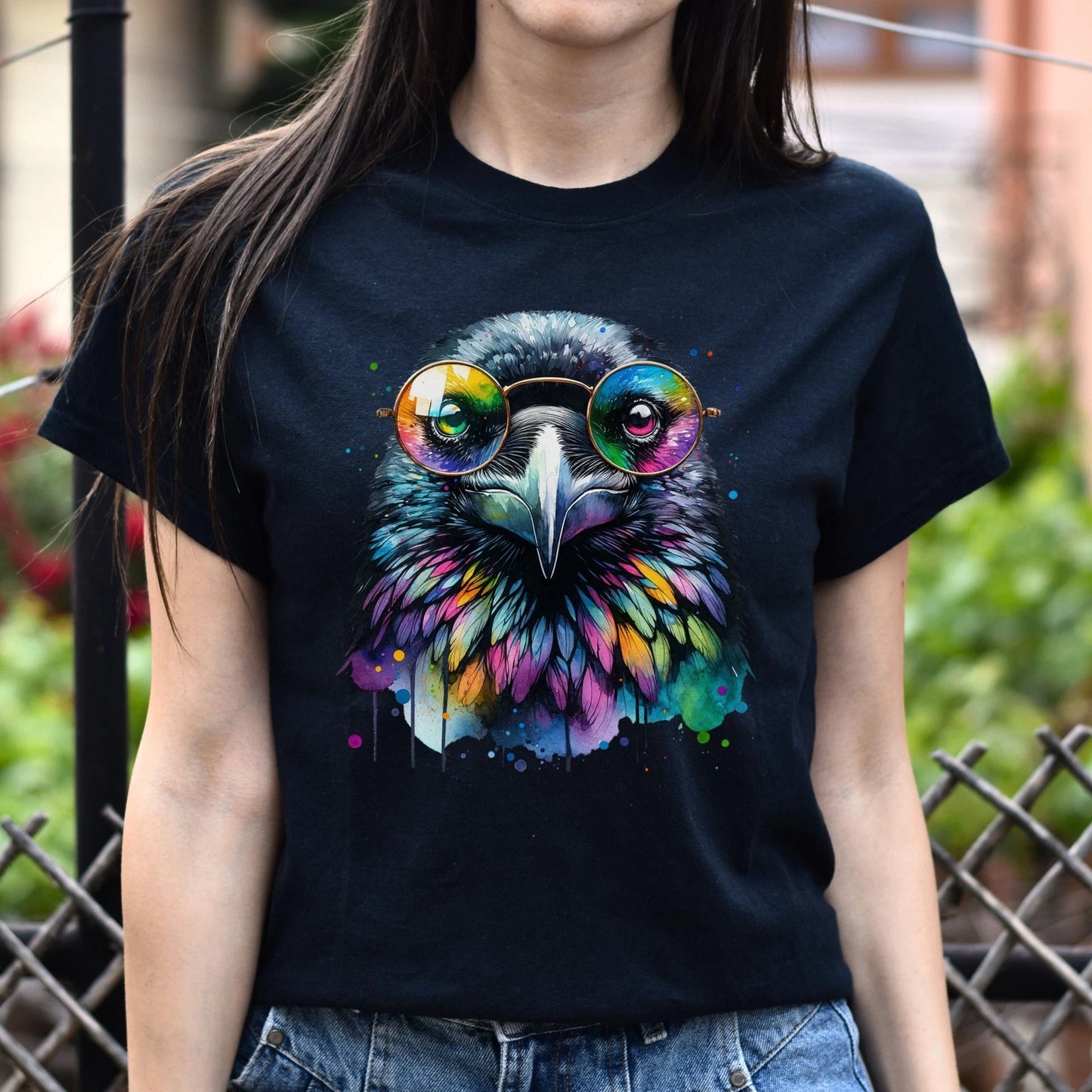 Raven with Glasses Color Splash Unisex T-shirt Black Navy Dark Heather