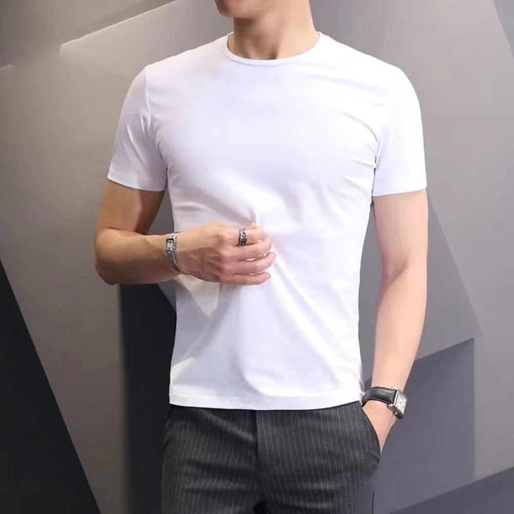 Trendy Solid Color Casual Men's Short Sleeve Tee Round Neck Pullover (60)