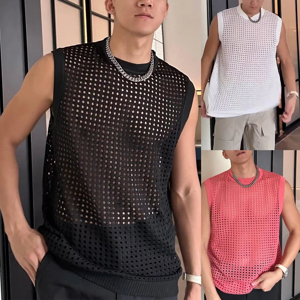 Fashionable O Neck Vests for Men Korean Style Mesh Hollow Tank Designs