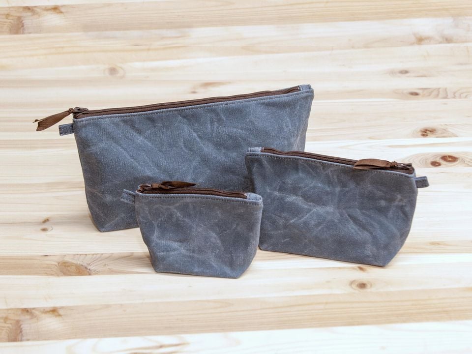 Slate blue waxed canvas pencil pouch, Fully Lined, No Raw Edges, Made in USA, coin purse, wallet, makeup case, school supplies, card case