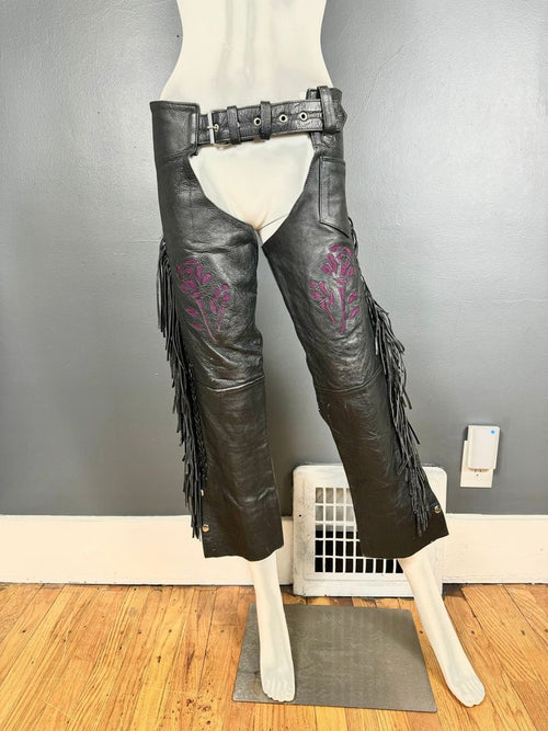 1980’s Women’s Fringed Chaps Purple Roses Sz XS
