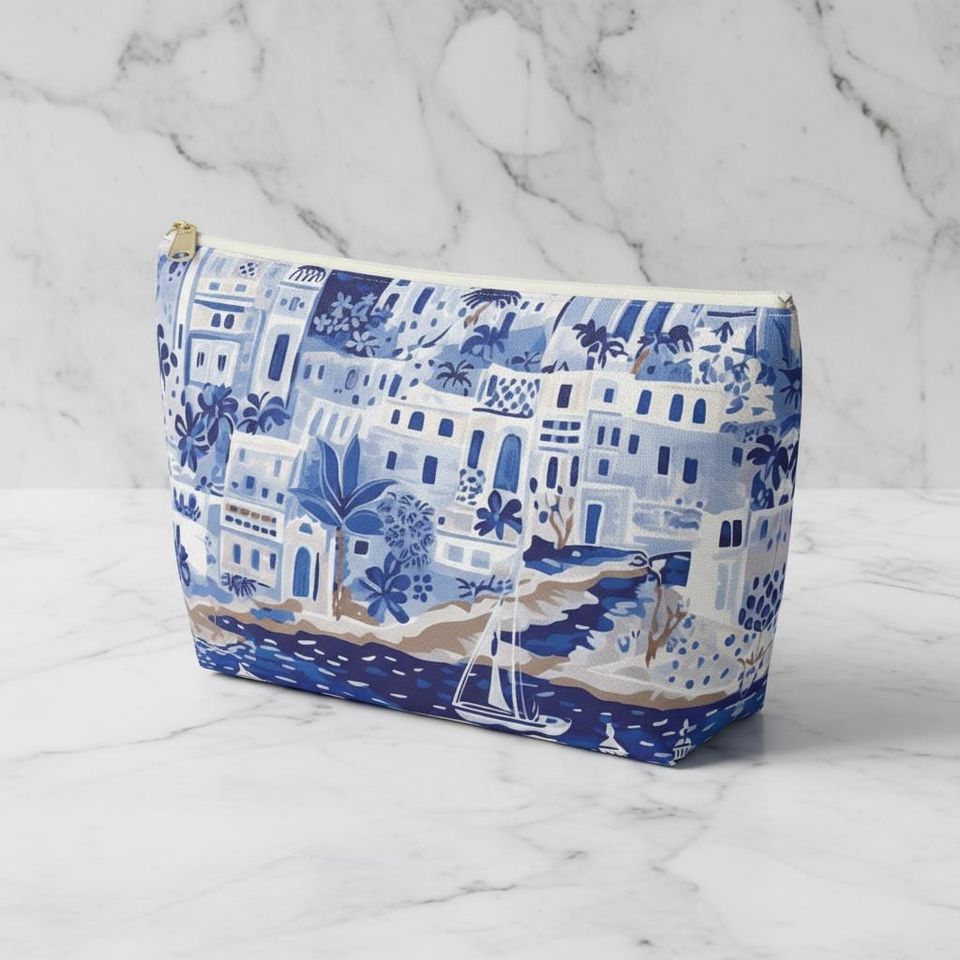 Santorini Accessory Pouch w T-Bottom | Makeup bag | Cosmetic bag | Cute Pouch | Makeup Storage | Beach Pouch | Toiletry Bag | Travel Pouch