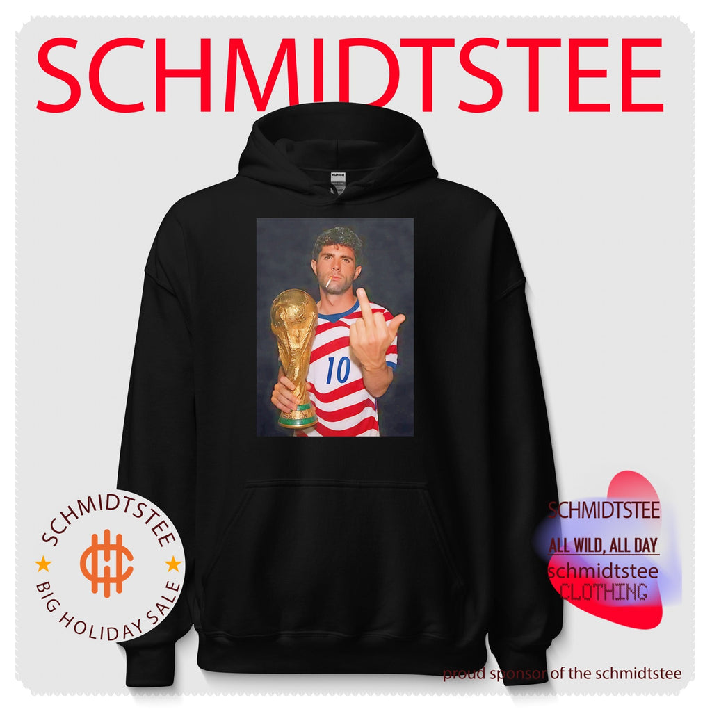 Christian Pulisic holding trophy middle finger shirt