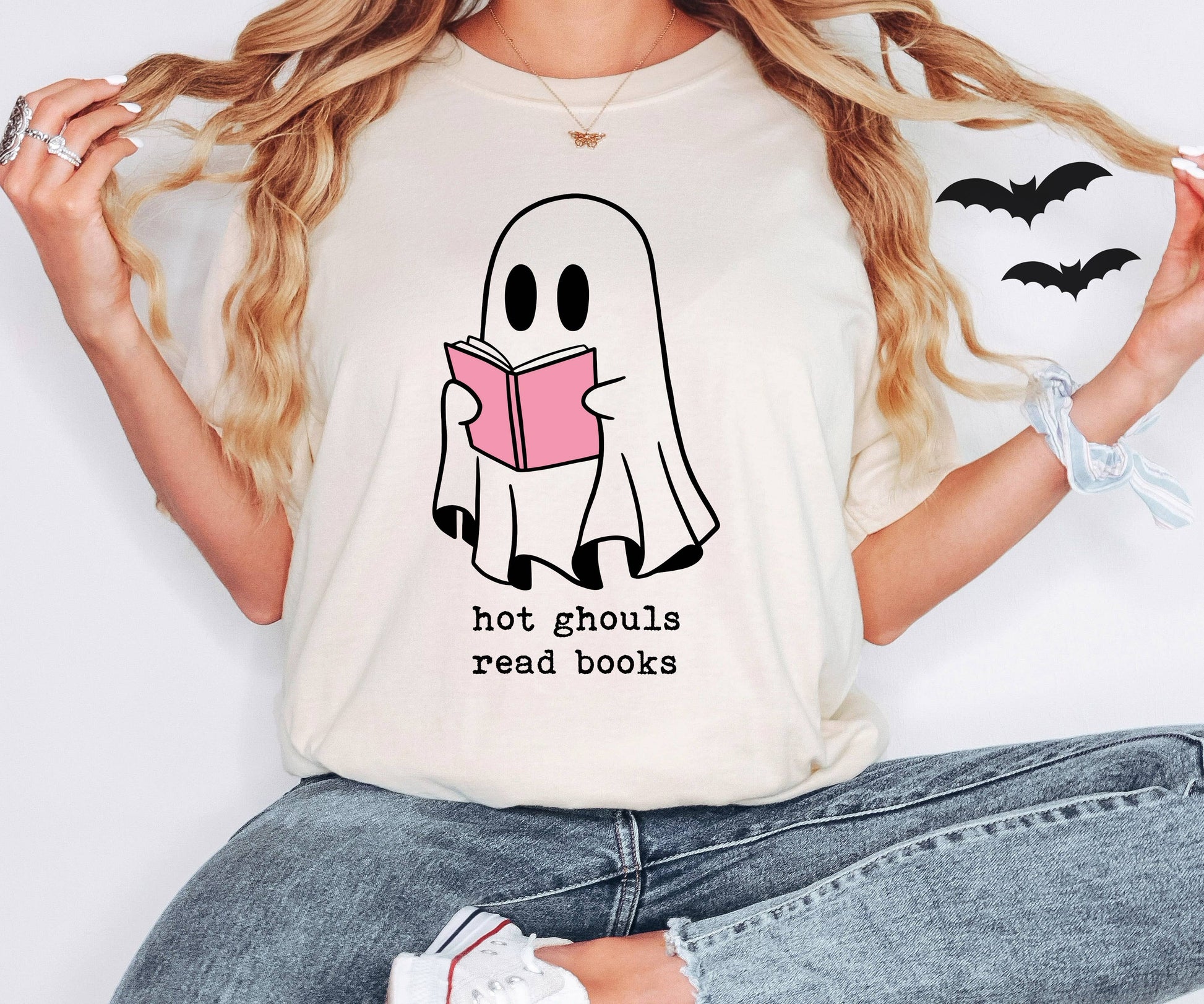 Hot Ghouls Read Books Halloween Graphic Tee (Ivory) Shirt