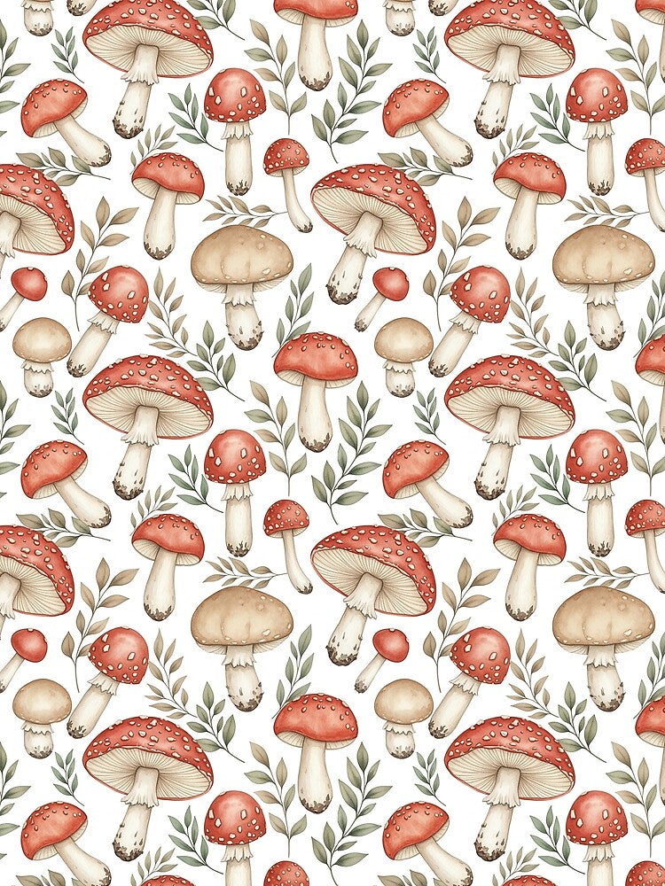 Cottagecore Mushroom Pattern, Watercolor Amanita Botanical Print, Woodland Fairycore Design by Nyx Creates