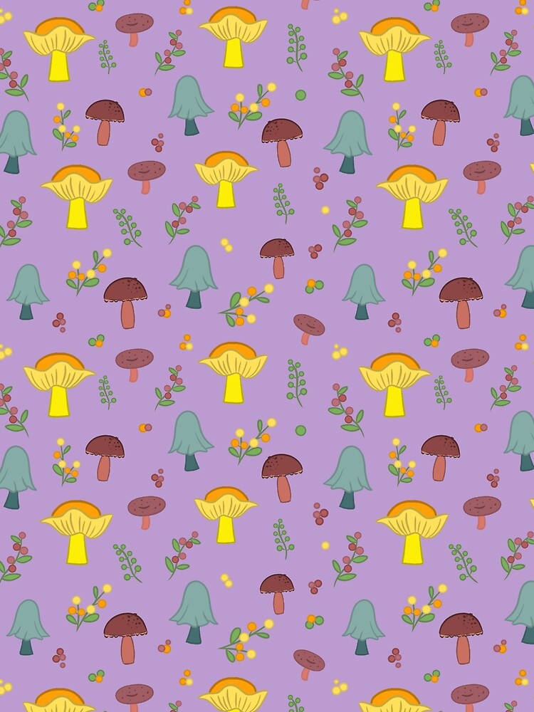 Colorful Mushroom Seamless Pattern on a Lilac Background by Cherie Brunetti