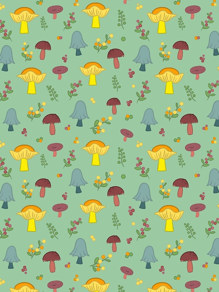 Colorful Mushroom Seamless Pattern on a Green Background by Cherie Brunetti