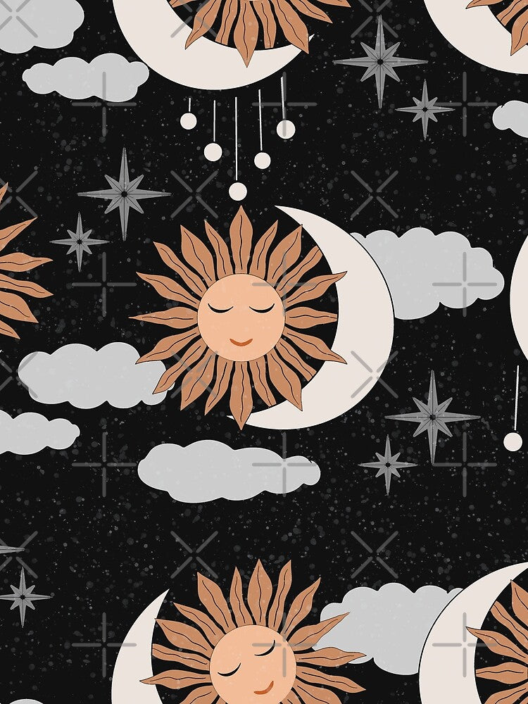 Large scale of Black Celestial Sun Moon Pattern Boho Night Sky Art by DColourMuse