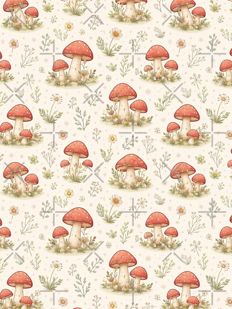 Cute Cottagecore Mushroom Garden Seamless Pattern – Wildflower Forest Aesthetic by Creativeeworld777